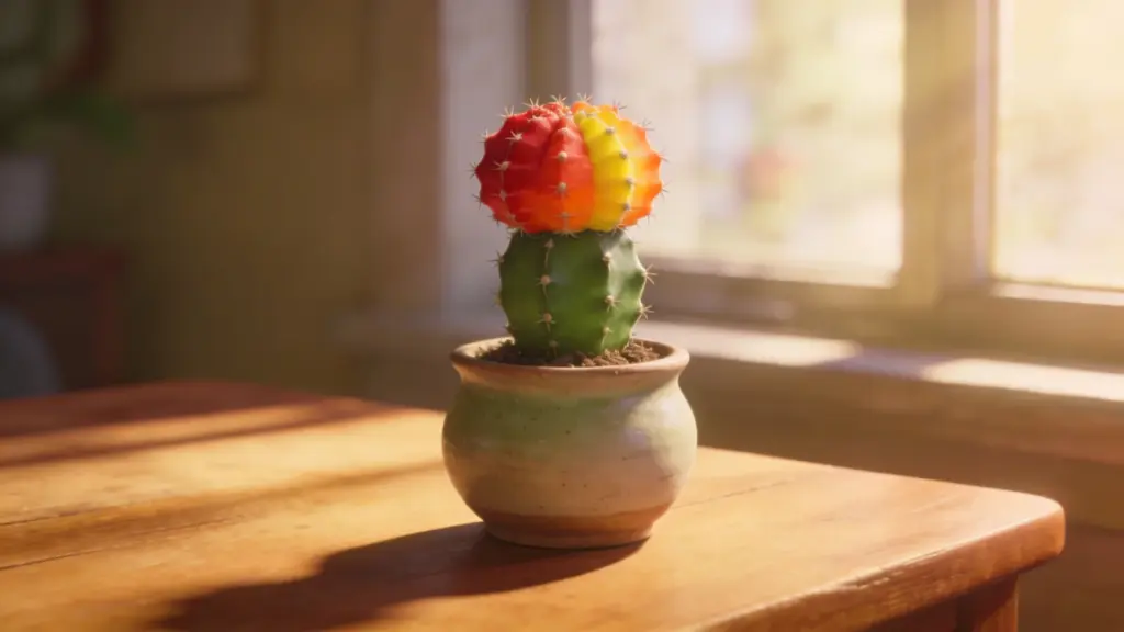 moon cactus with red and yellow top grafted on green base in a ceramic pot on a wooden table by a sunny window