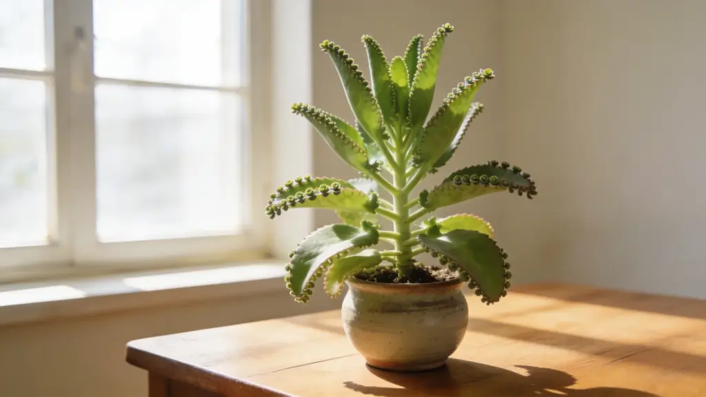 mother of thousands with tall green leaves lined with tiny plantlets, in a small ceramic pot on a sunlit wooden table near a window