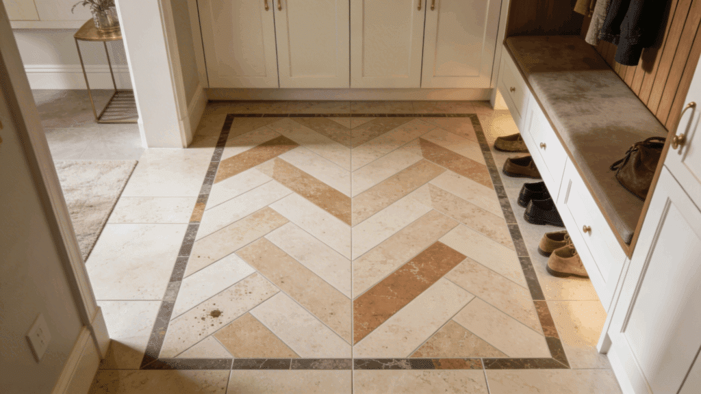mudroom floor with patterned tile design surrounded by cabinets and bench creating stylish durable entry surface