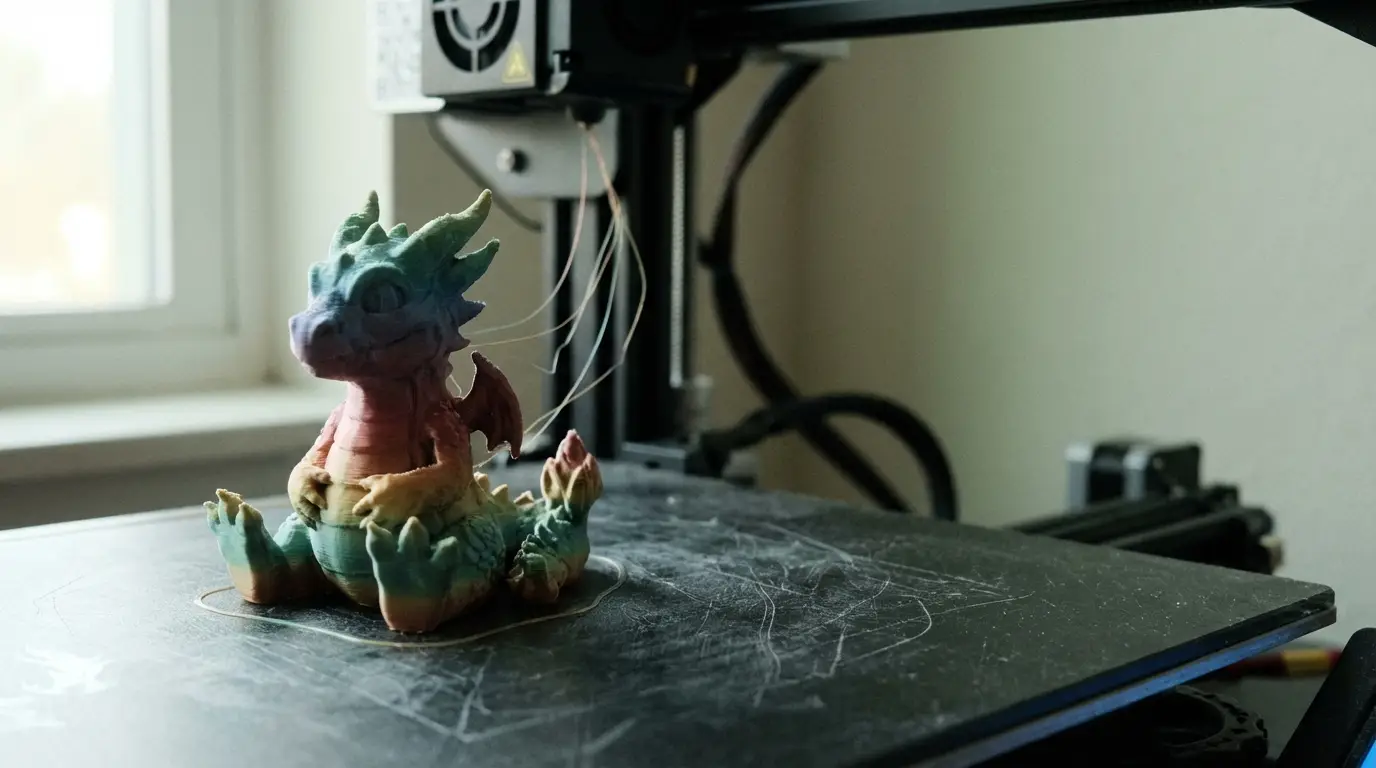 Colorful 3D-printed dragon figurine on a printer bed in a sunlit room