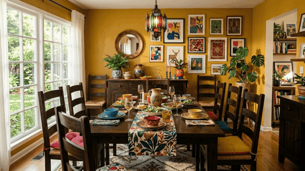 mustard yellow dining room with dark furniture bold decor and bright light creating a lively warm atmosphere