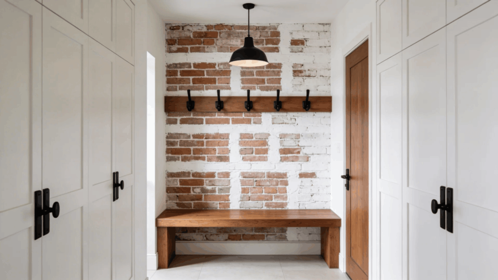 narrow mudroom with brick accent wall wooden bench and hooks creating simple rustic entryway design