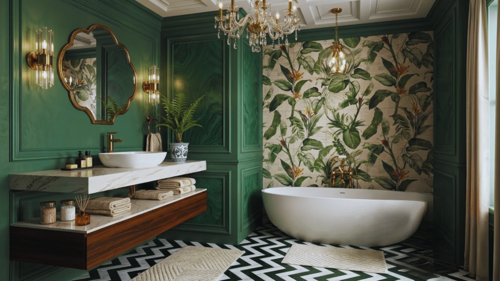 nature inspired green bathroom design with botanical wallpaper gold fixtures and soft lighting