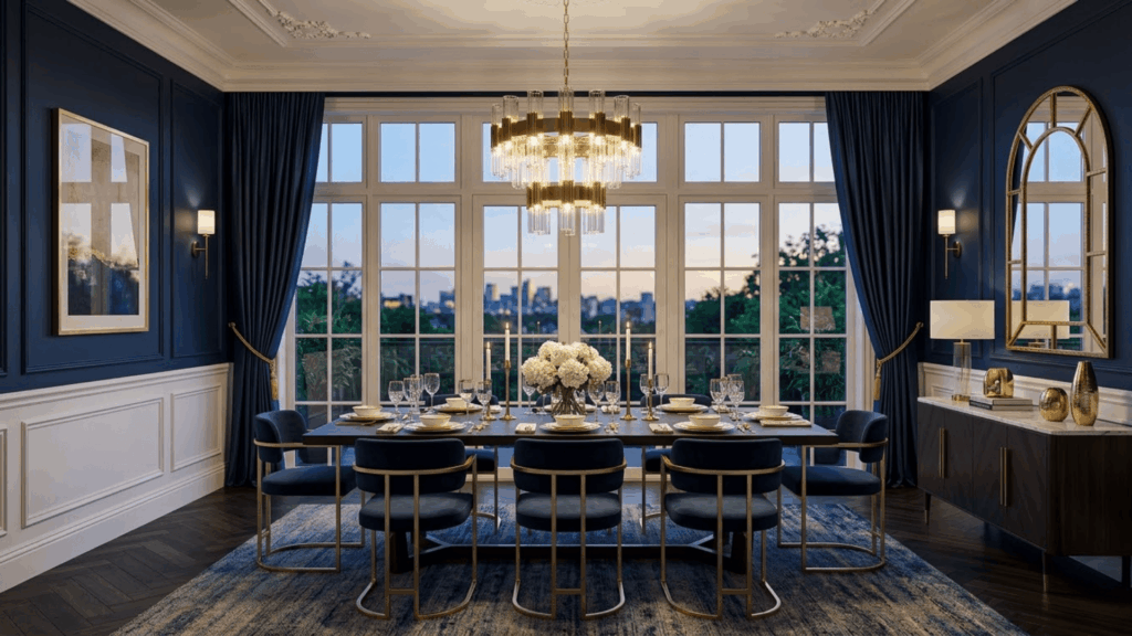 navy blue dining room with white trim gold accents and modern furniture in a bright elegant and stylish setting