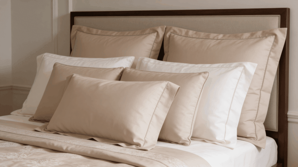 neatly made bed with beige bedding pillows and lamp beside window in softly lit bedroom