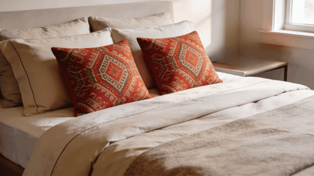 neatly made bed with neutral bedding and two red patterned accent pillows placed in front of larger pillows near window