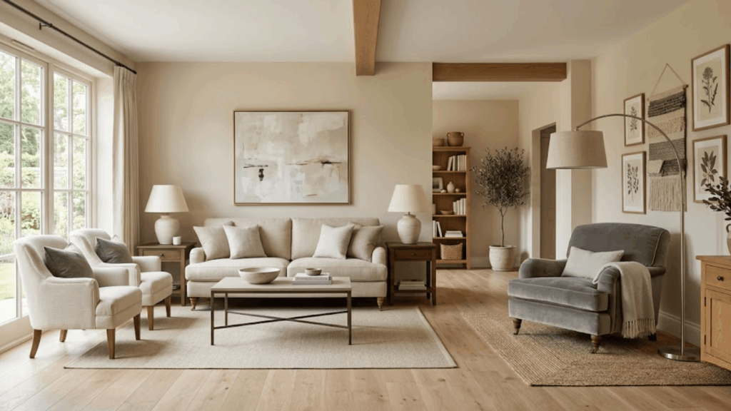 neutral living room with sofa chairs and wood accents showing principles of interior design balance harmony