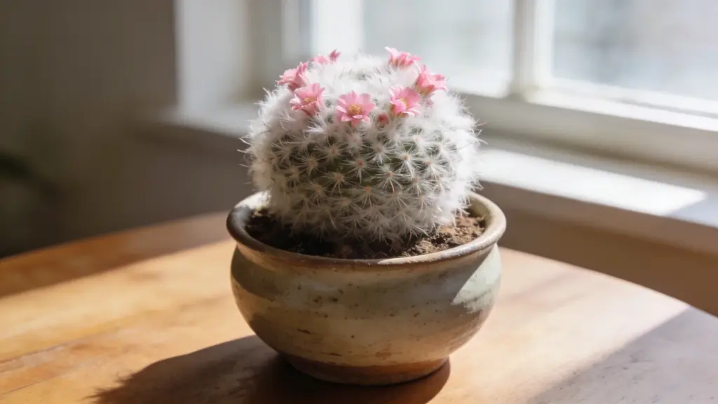 old Lady cactus with soft white spines and small pink flowers in a ceramic pot on a wooden table by a sunny window