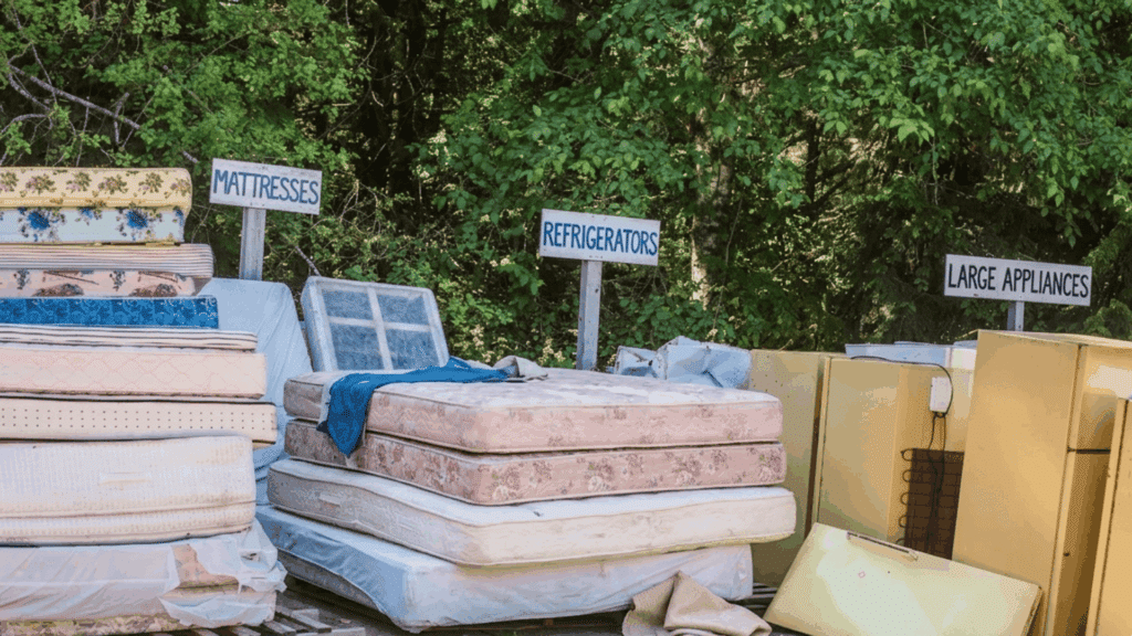 old mattresses stacked at outdoor recycling area near refrigerators and large appliances in a wooded setting