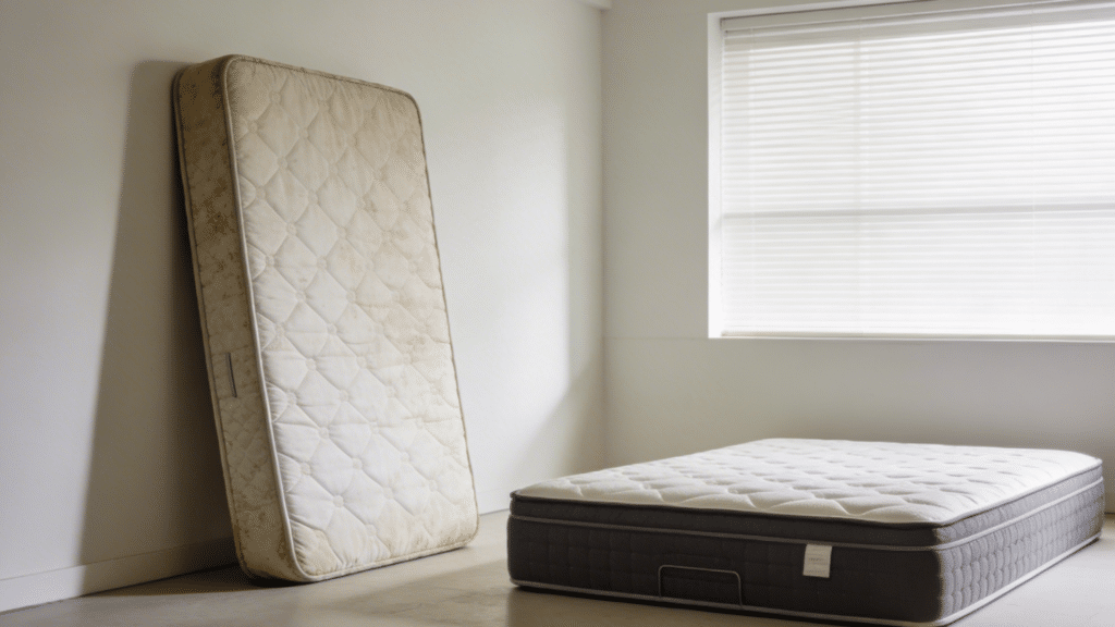 old worn mattress standing upright against the wall showing the need for disposal