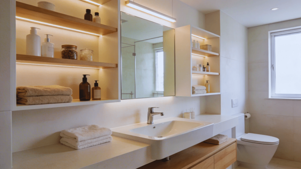 open shelf concept bathroom design with built in storage warm lighting sink and organized
