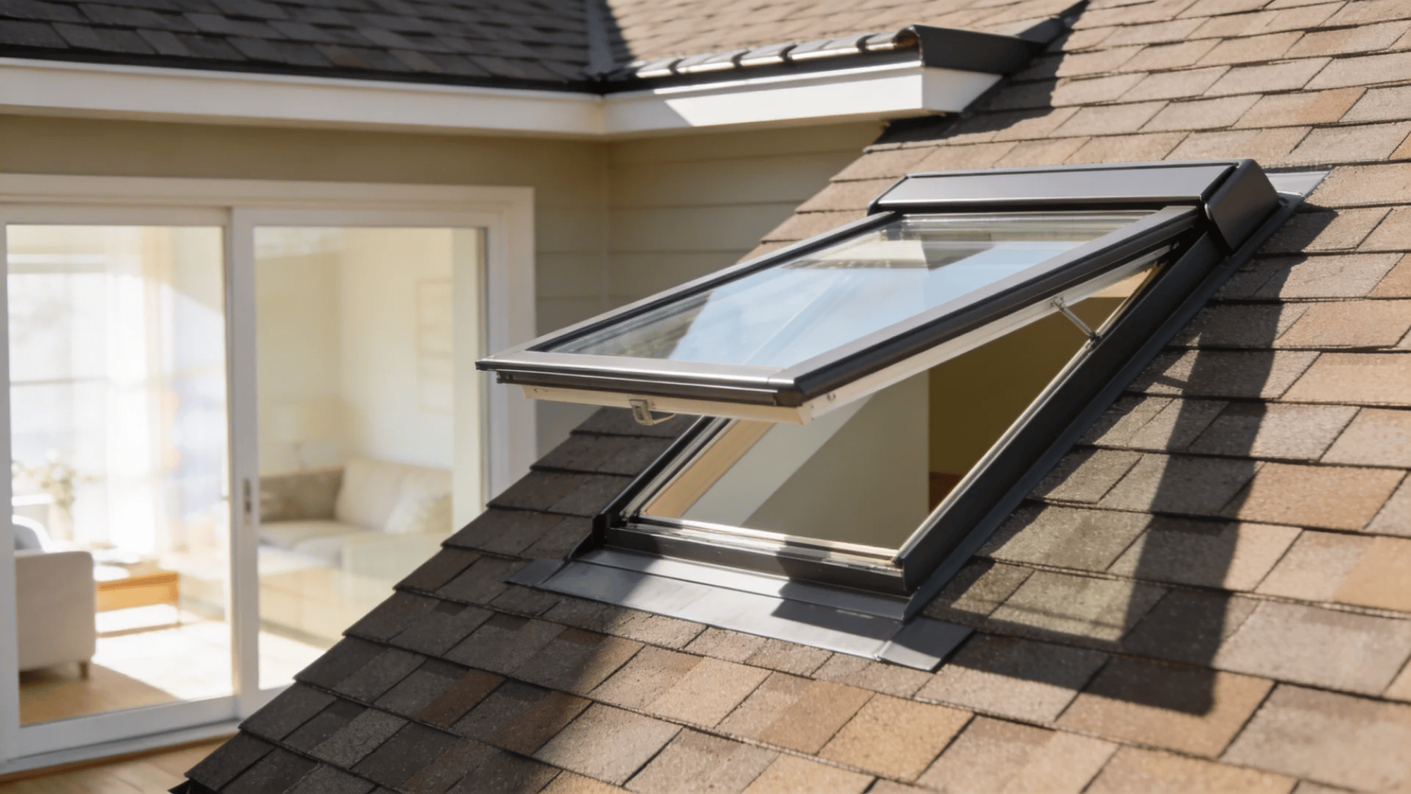 open skylight window on sloped roof allowing sunlight into modern home interior space