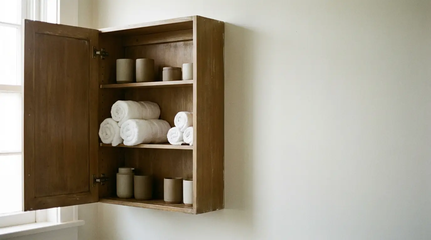 Open wooden cabinet with rolled white towels and beige containers inside
