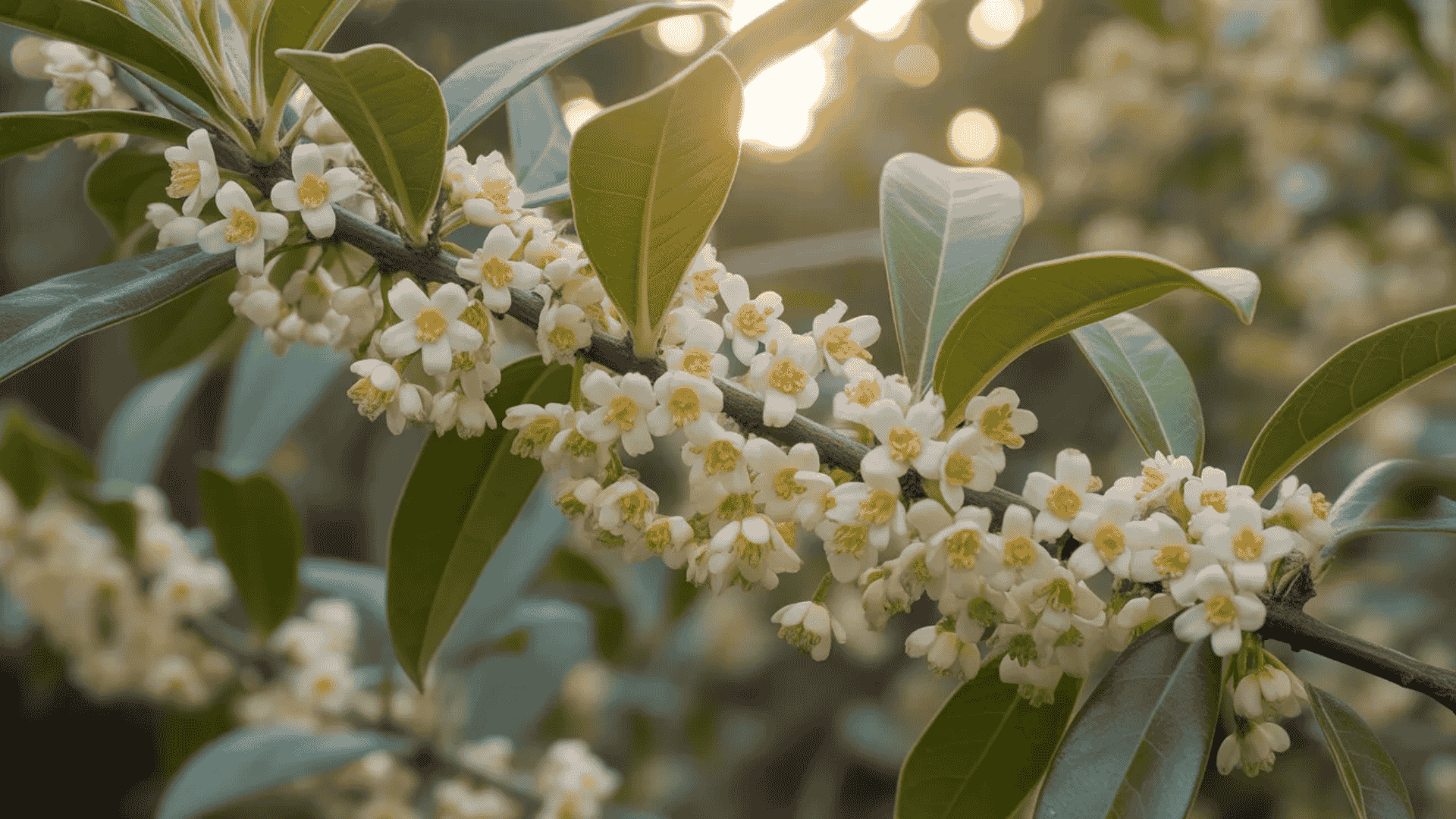 osmanthus flowers that smell good with a fruity fragrance growing on a shrub