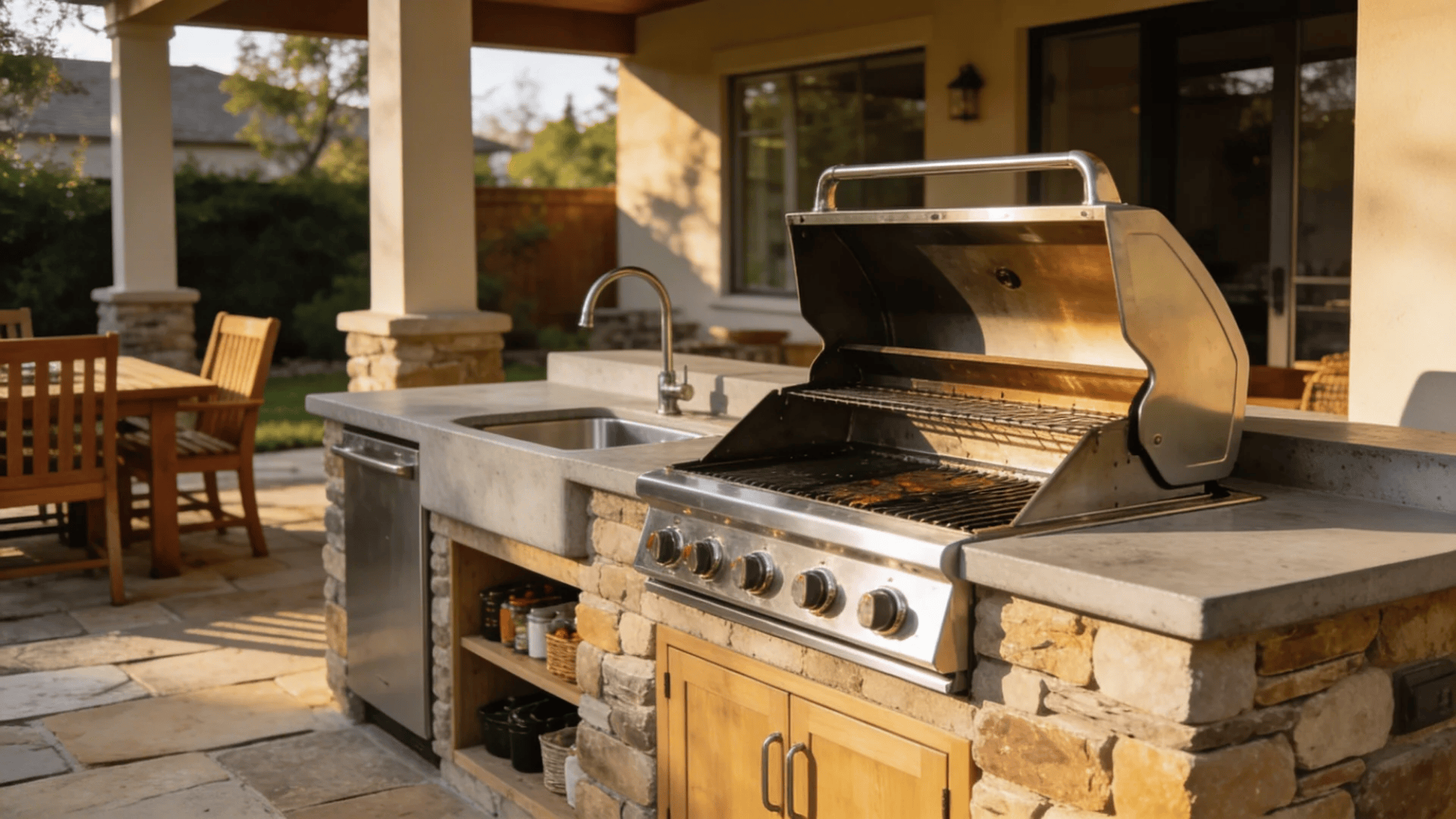 outdoor kitchen with grill sink and stone counter under covered patio in backyard space
