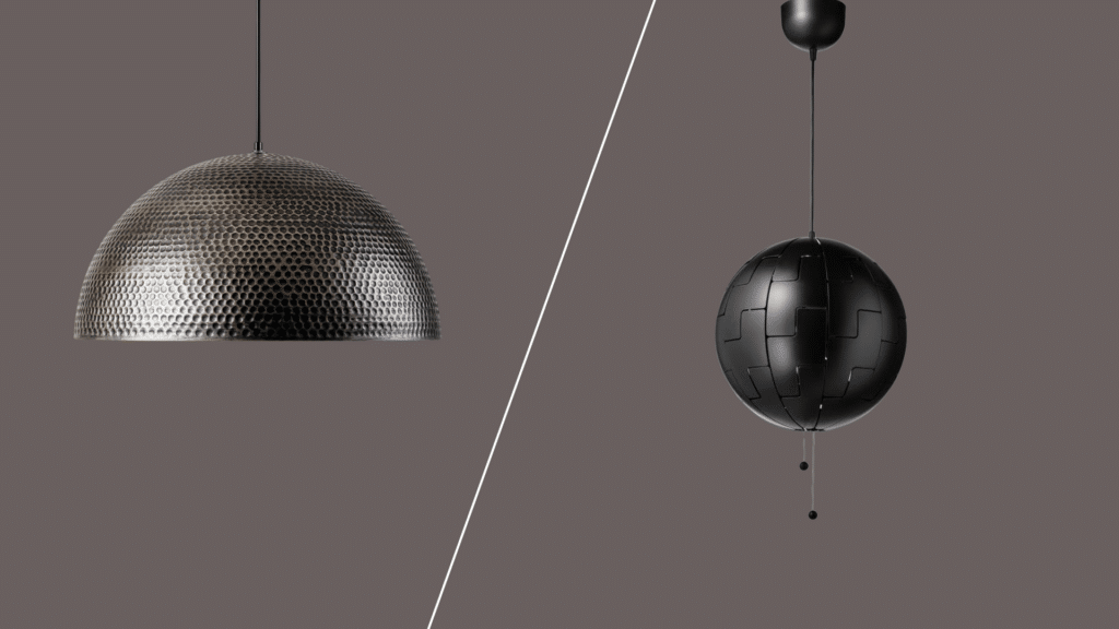 oversized dome hanging light with smooth curved surface casting wide ambient glow over dining or living area