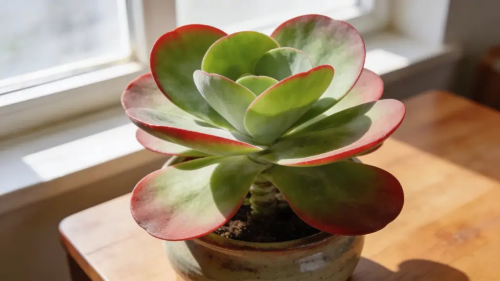 paddle plant succulent with layered green leaves edged in red in a ceramic pot on a sunlit wooden table near a window