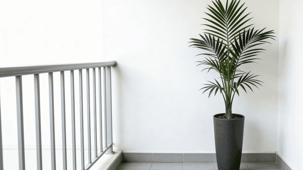 palm plant in a tall black pot placed on a tiled balcony corner with white walls and metal railing