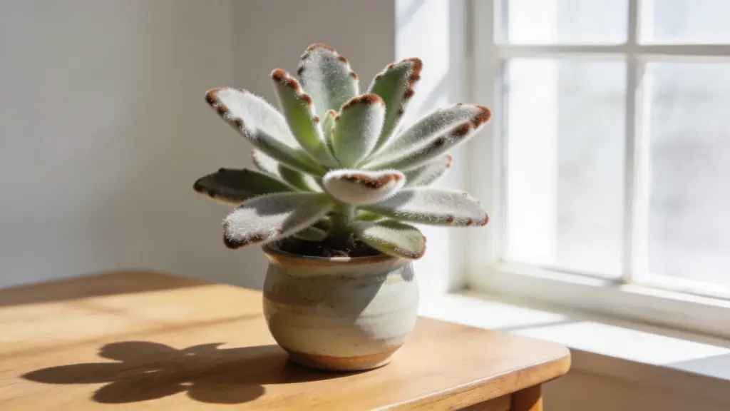 panda plant with soft fuzzy silvery-green leaves and brown edges in a small pot on a wooden table near a bright sunny window