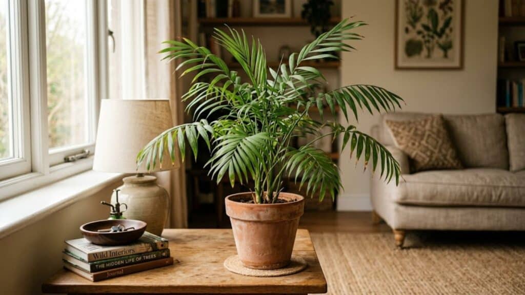 parlor palm with compact growth on table creating warm and beginner friendly indoor plant