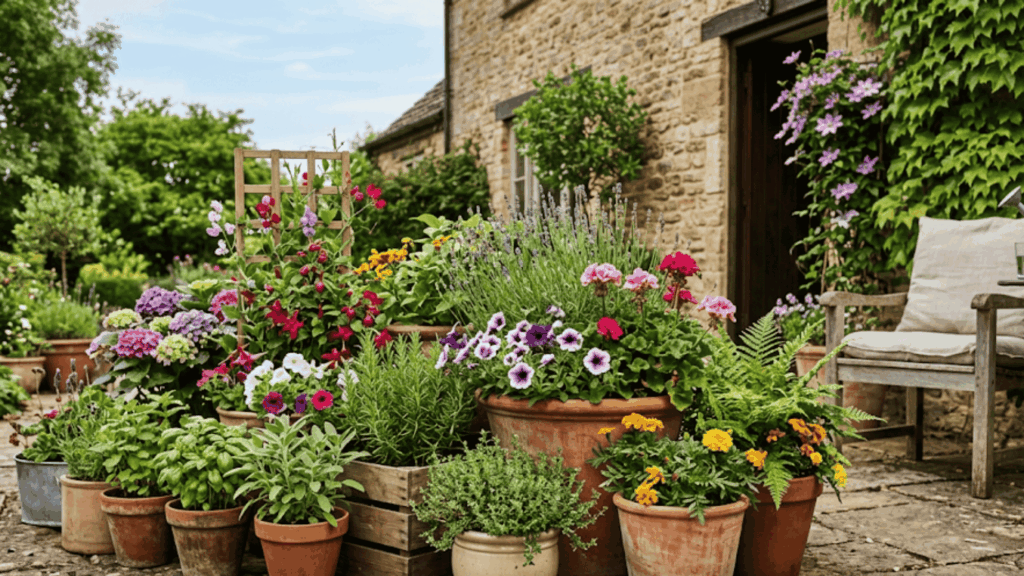 patio container garden with colorful flowers and plants arranged in pots outside a home