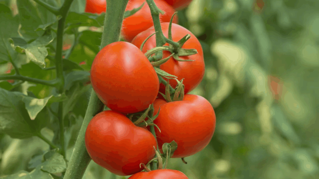 patio tomatoes growing in small clusters on a compact plant with green leaves and bright red ripe tomatoes in garden