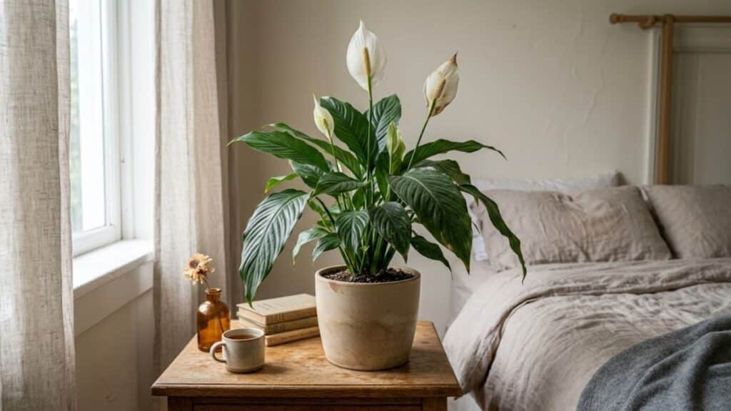 peace lily with white blooms in bedroom creating calm and elegant indoor plant setting