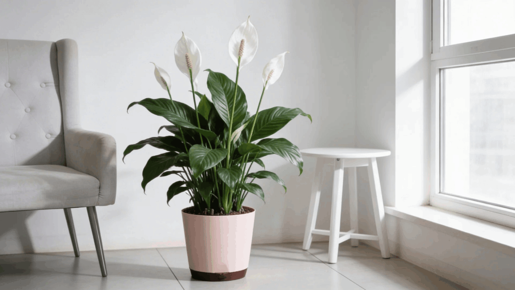 peace lily with white flowers placed near window in calm indoor setting with soft natural light