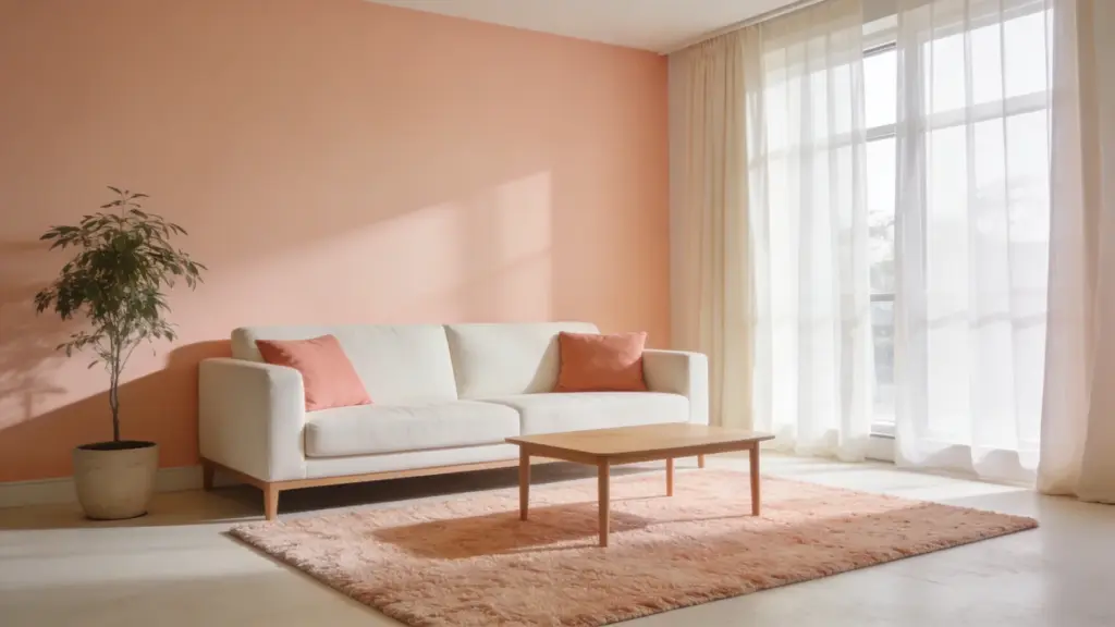 peach and ivory living room with soft sofa warm tone natural light minimal décor and a cozy airy interior design