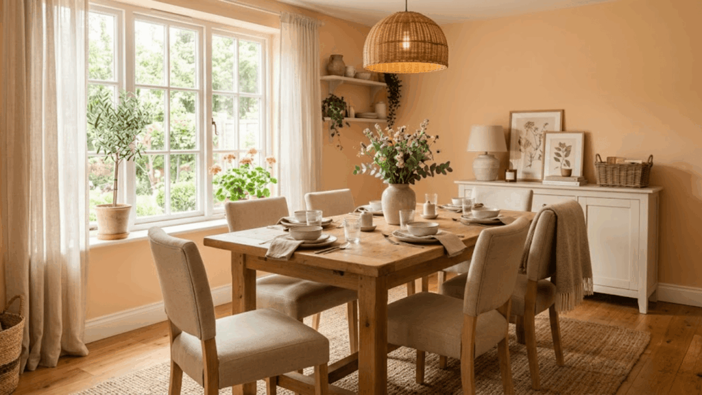 peach dining room with neutral furniture soft sunlight and cozy decor creating a warm welcoming space