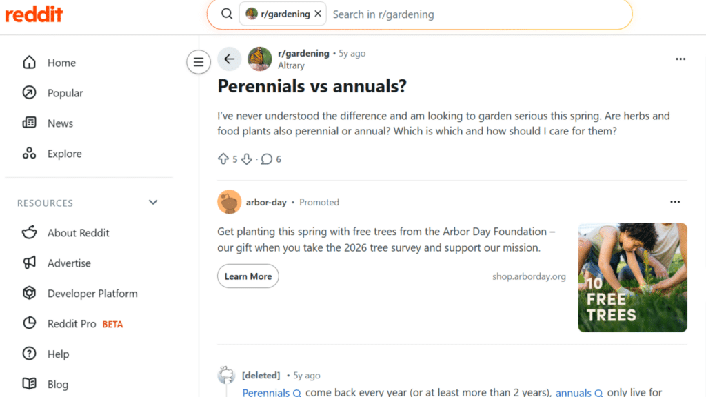 perennial flowers vs annual reddit gardening post asking difference between plant types with discussion thread and promoted arbor day ad on screen