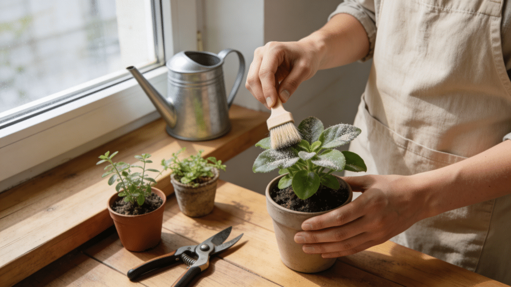 person cleaning plant leaves with small brush