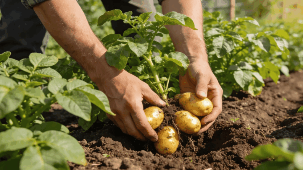 person holding freshly harvested potatoes attached to plant in soil in garden bed full guide to planting and harvesting potatoes