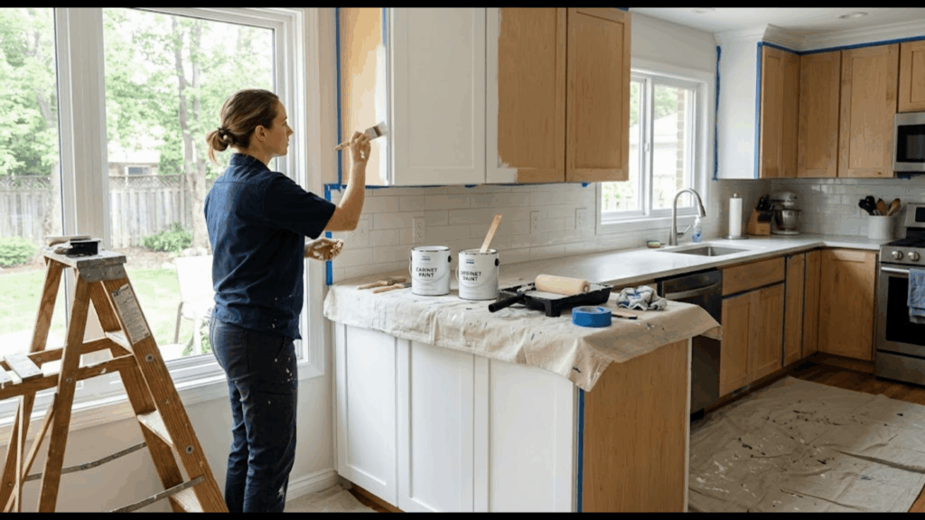 person painting kitchen cabinets in modern kitchen showing cabinet painting process and renovation work setup indoors
