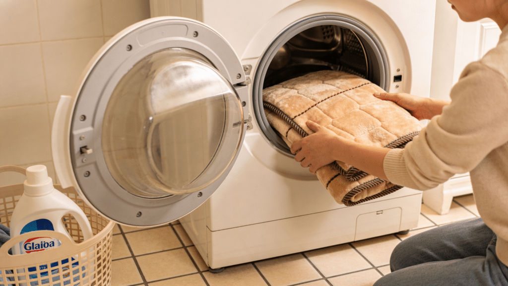 person placing folded heating blanket into front load washer