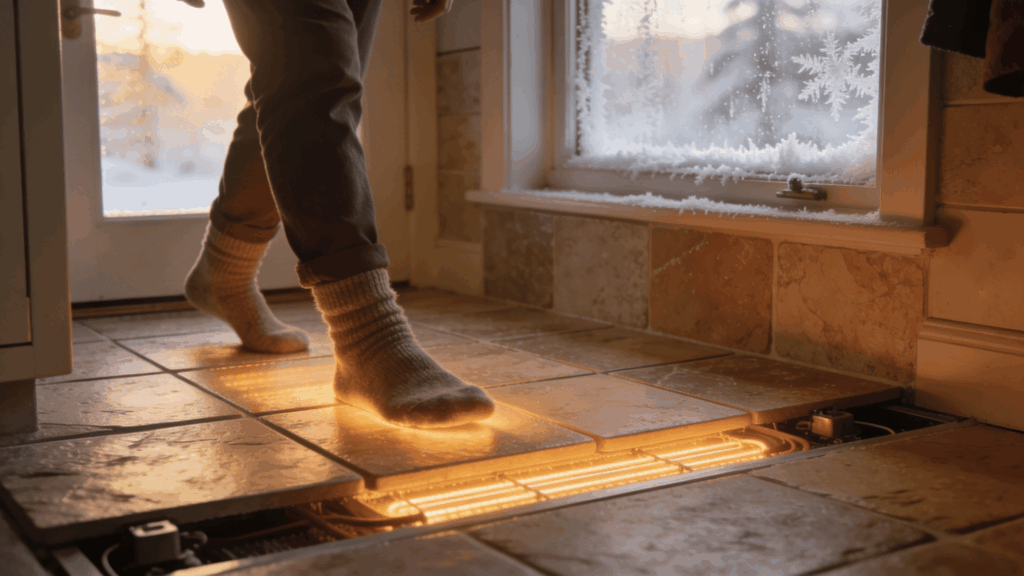 person stepping on heated tile floor near frosted window creating warm cozy winter entryway scene