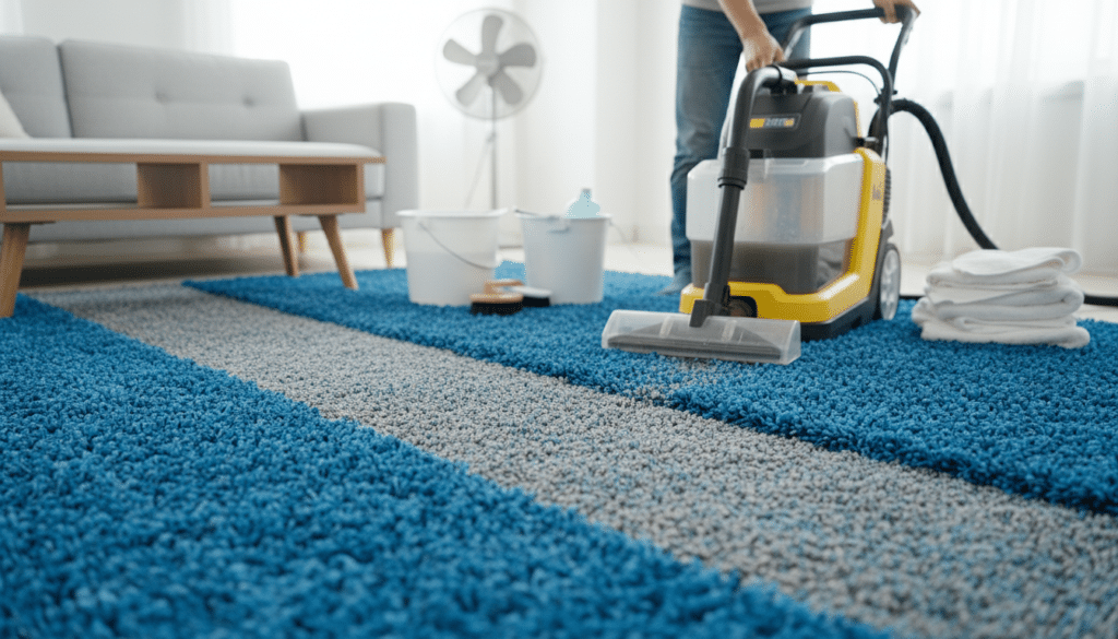 person using carpet cleaner on blue and gray rug in bright living room with sofa buckets brush and folded towels nearby