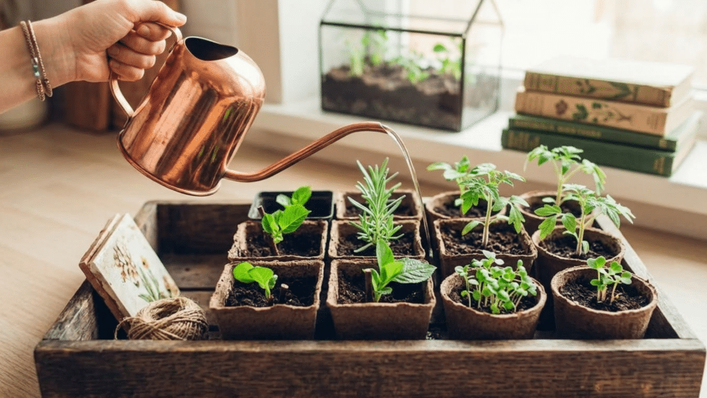 How to Grow Flowers Indoors the Easy Way? person watering small potted seedlings indoors demonstrating how to grow flowers indoors with proper care and moisture