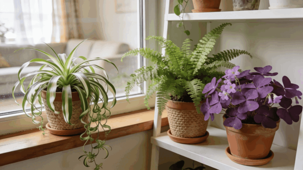 pet safe indoor plants collection of potted houseplants on windowsill shelf with fern spider plant and purple leaves
