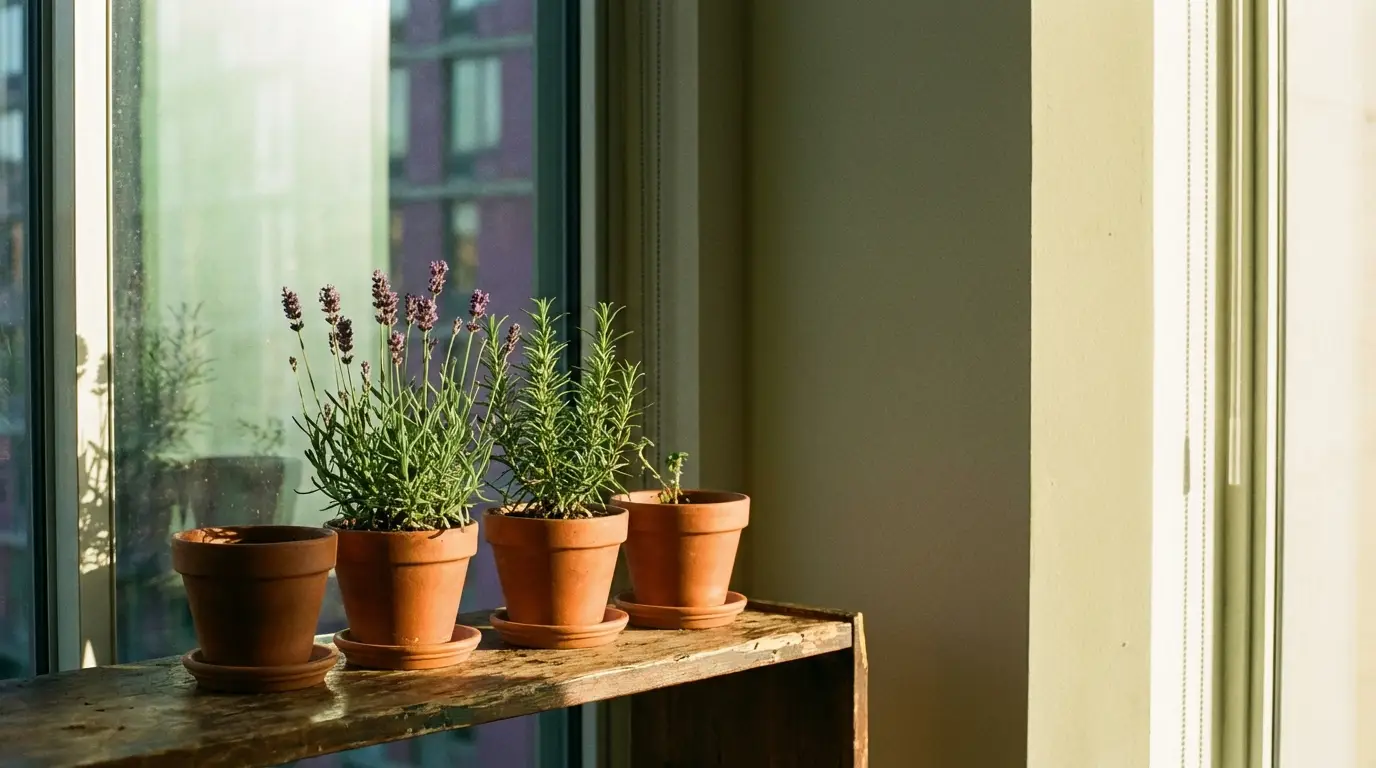 Potted lavender and rosemary plants on wooden shelf by sunny window