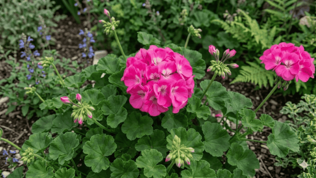 _pink geranium flowers blooming in a jungle with thick green leaves in natural light
