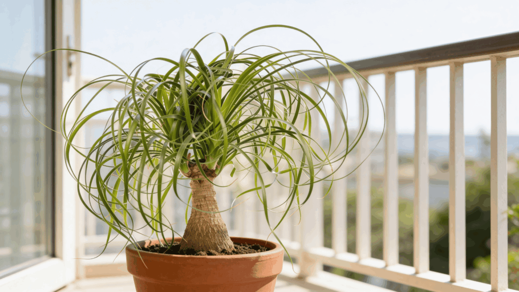 ponytail palm plant in a clay pot placed on a sunlit balcony near railing with soft background view