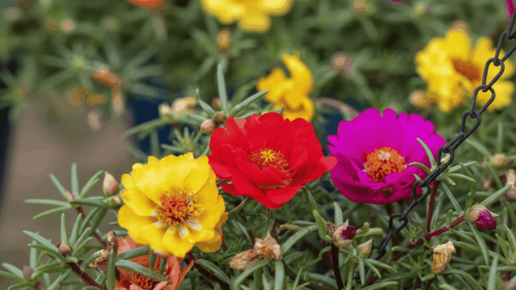 portulaca flowers in bright colors growing in dry soil showing strong drought resistant garden plant