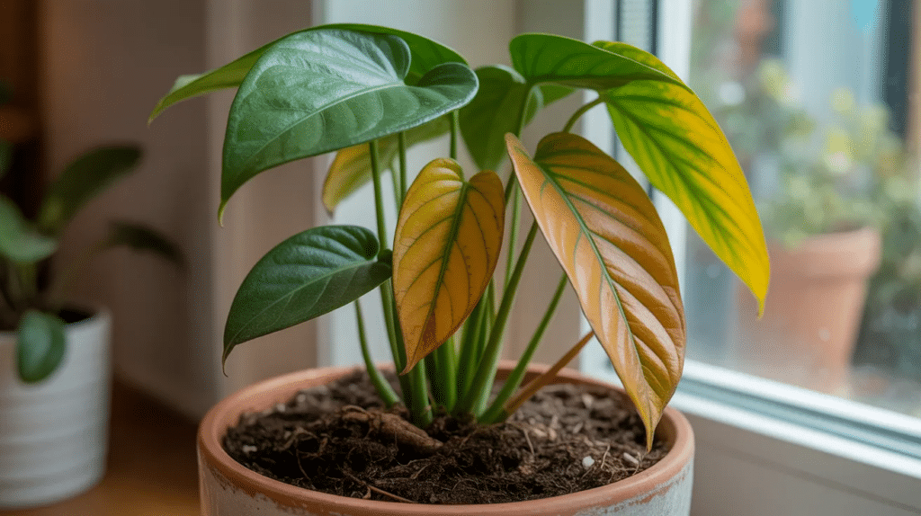 Potted houseplant near a window with several yellow leaves and green leaves showing early signs of plant stress yellow leaves on plants