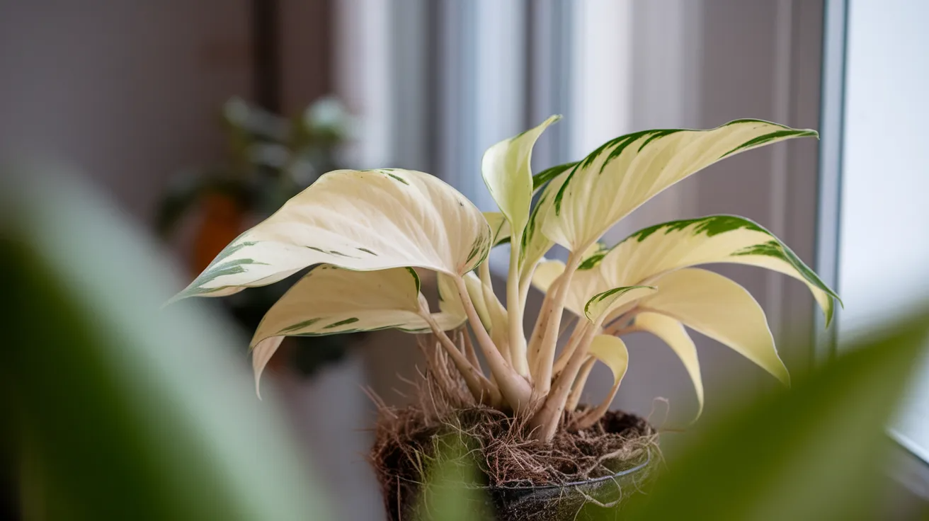 Potted houseplant with pale yellow leaves and green edges showing signs of poor soil or nutrient deficiency near a window yellow leaves on plants