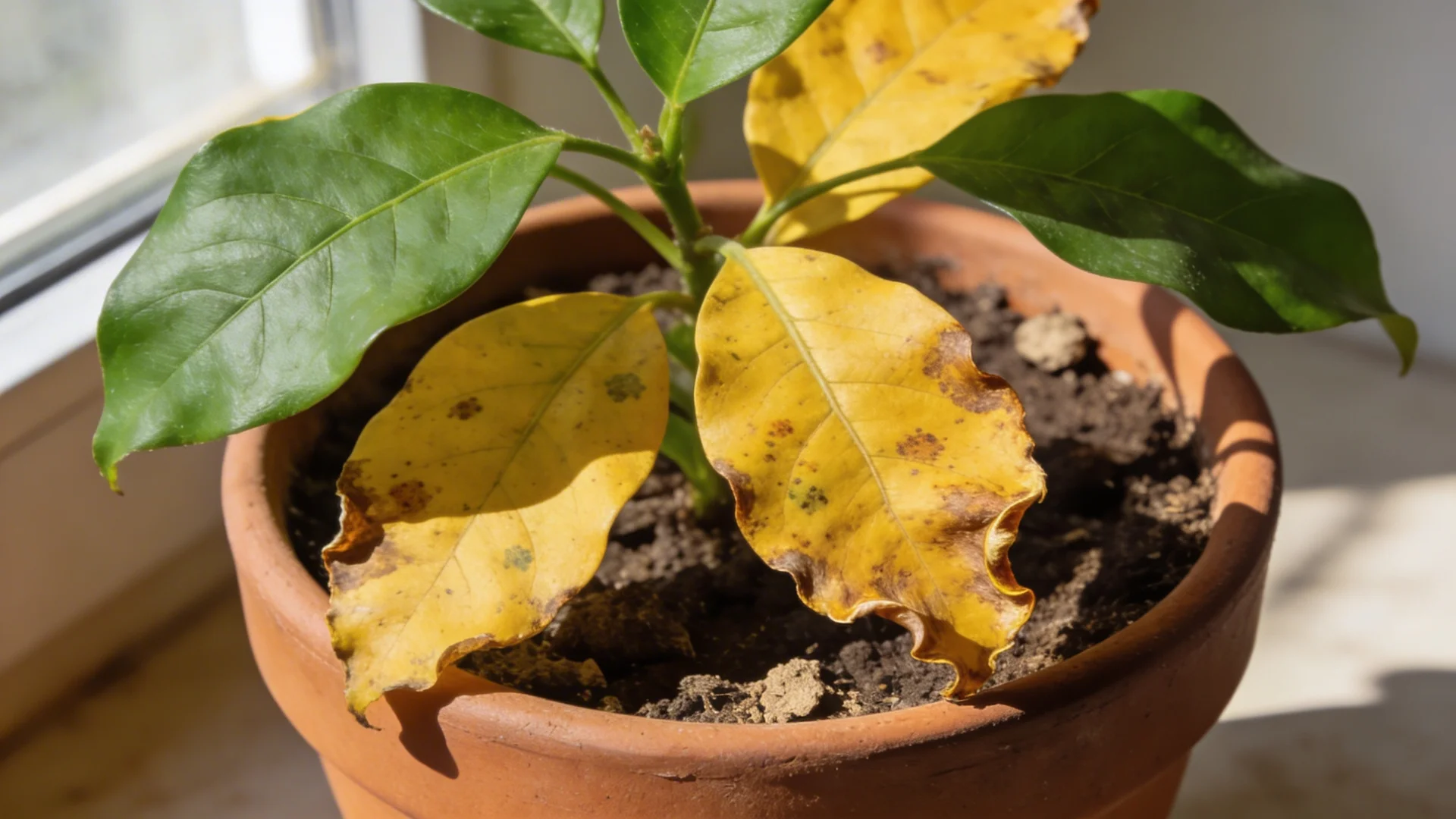potted houseplant with yellowing leaves and brown spot showing signs of stress or possible disease indoors