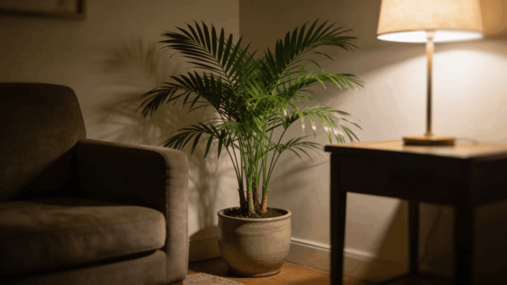 potted palm plant placed beside chair and table lamp creating cozy indoor corner scene