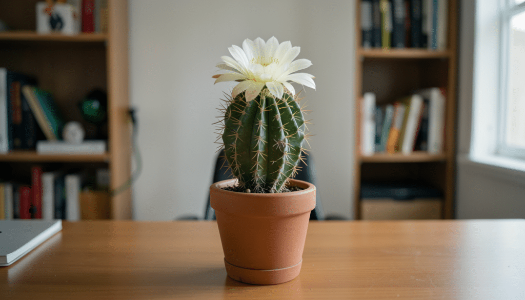 potted prickly pear cactus with flat green paddle shaped segments on a wooden table indoors near a window