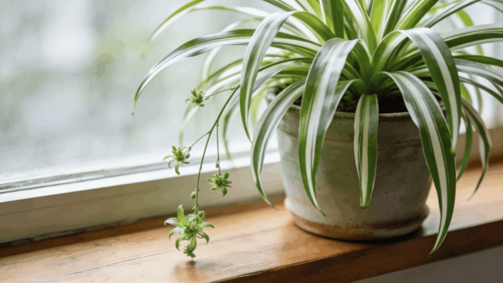 potted spider plant with long striped leaves sitting on wooden windowsill in soft natural light