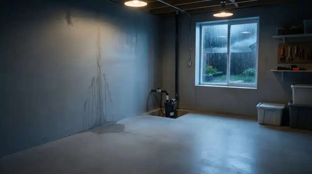 Basement with damp concrete wall and visible rain outside through window
